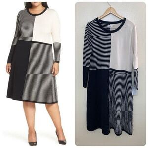 Eliza J Placed Stripe Midi Sweater Dress Plus Size 3X Ivory Black A Line